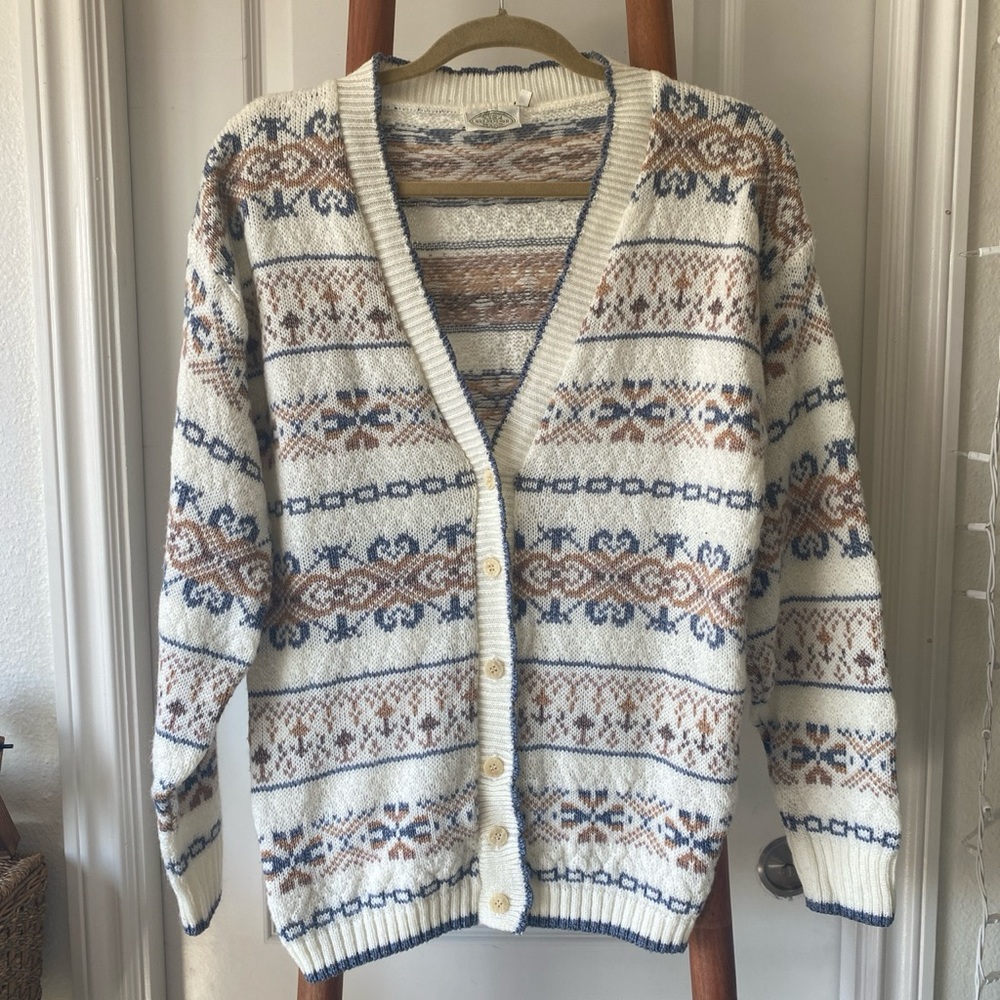 White blue beige print cardigan